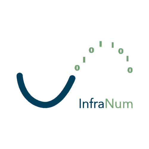 Logo InfraNum : Infrastructure et Réseaux Numériques Logo InfraNum composé d'une courbe bleu marine et d'une arche binaire verte de chiffres 0 et 1.