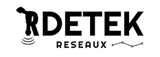 RDETEK RESEAUX - Expert en Détection de Réseaux et Fluides Logo RDETEK RESEAUX noir avec sonde de détection émettant des ondes et graphique linéaire de réseaux.
