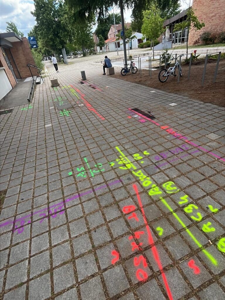 Marquages de chantier colorés sur pavés en zone urbaine Marquages techniques colorés sur pavés urbains près de La Banque Postale.