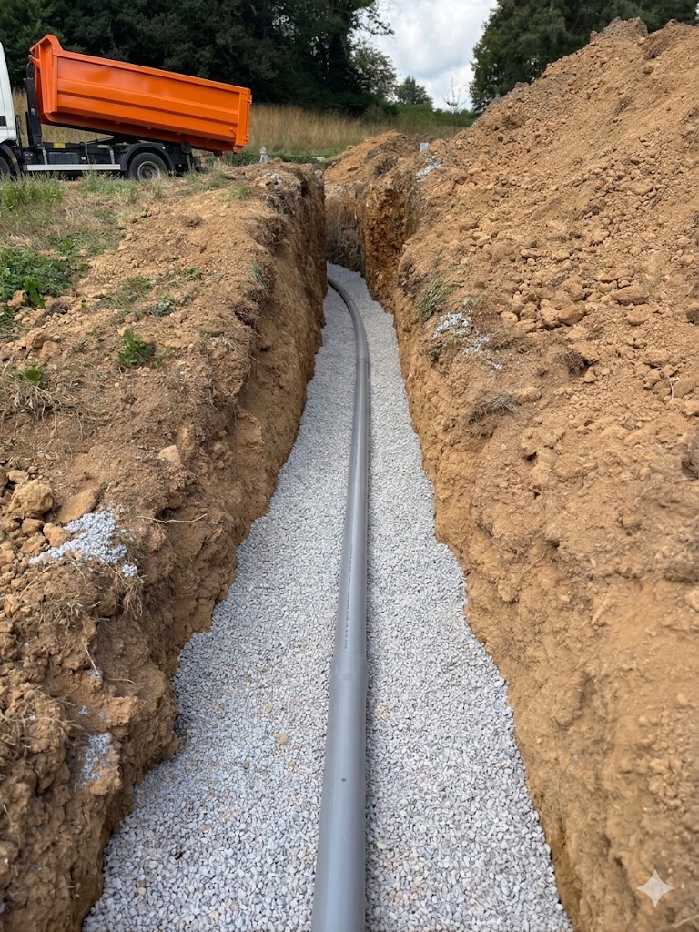 Canalisation en tranchée : installation sur gravier Tuyau gris sur gravier en tranchée avec camion orange.